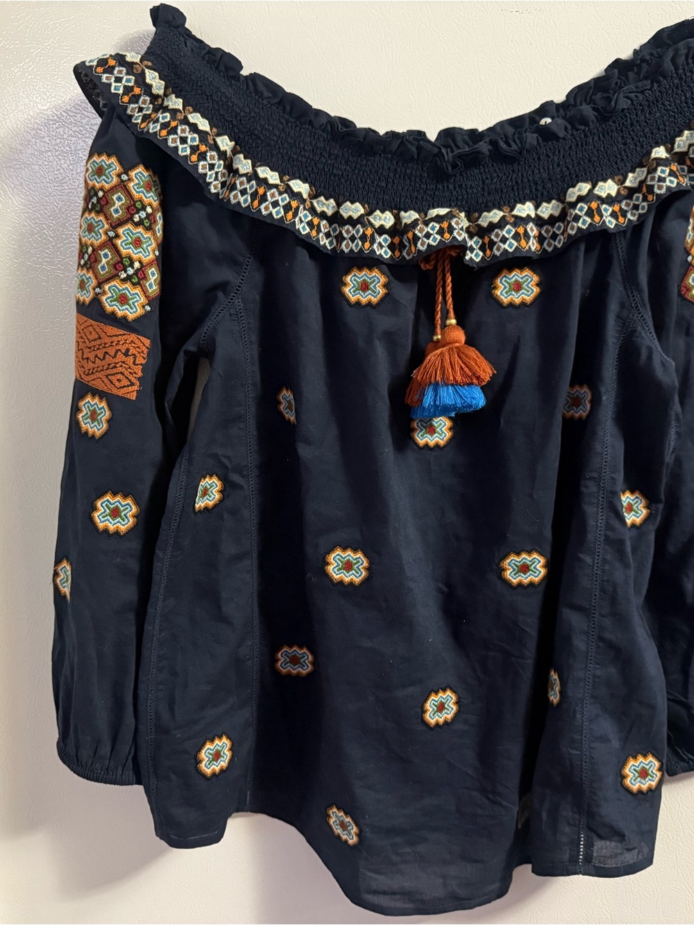 Embroidered Off-Shoulder Navy Peasant Blouse